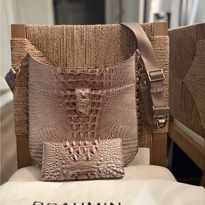 Croc-Embossed Leather Shoulder Bag with Matching Wallet - Rose Metallic